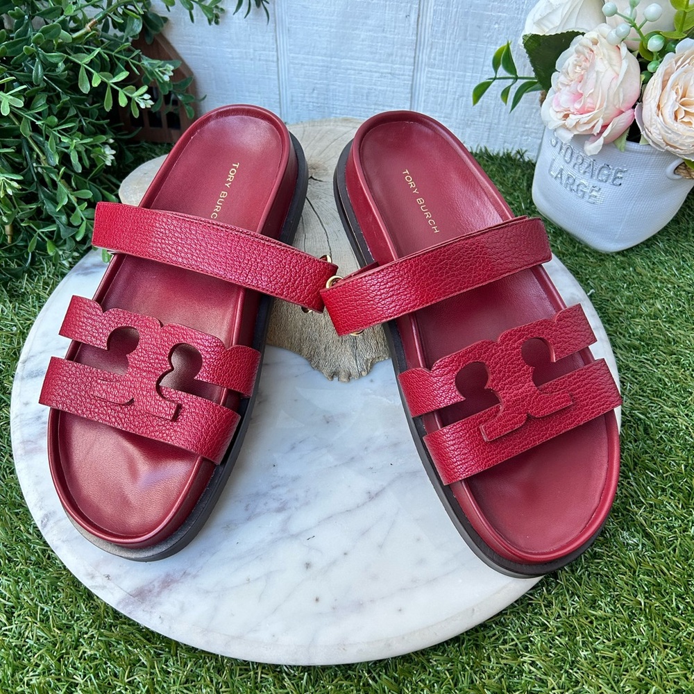 Tory Burch InesRed Leather Double-Strap Logo Slide Sandals - Picture 6 of 16